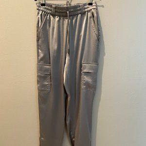 Satin look relaxed jogger-style pants in grey-silver color size US 0
